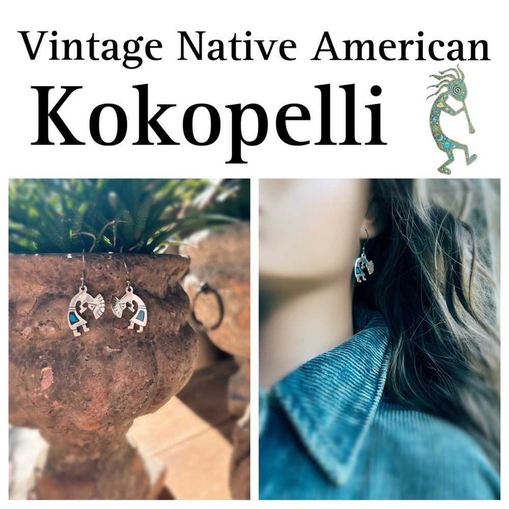 Vintage Mexican Sterling Silver Kokopelli Earrings • 925 Turquoise Onyx